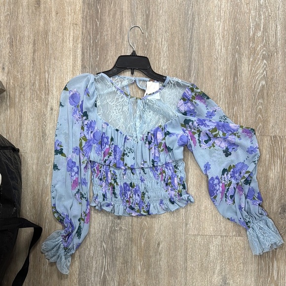 Free People Tops - Free People Blue and Purple Ruffled long Sleeve Blouse